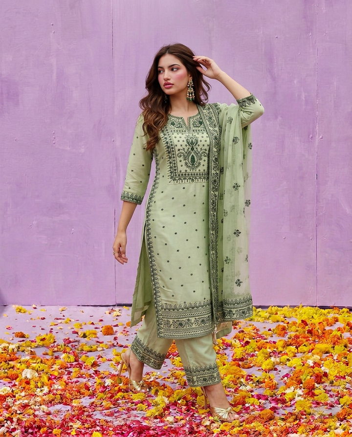Pista Embroidered Silk Blended Kurta Bottom Dupatta Set