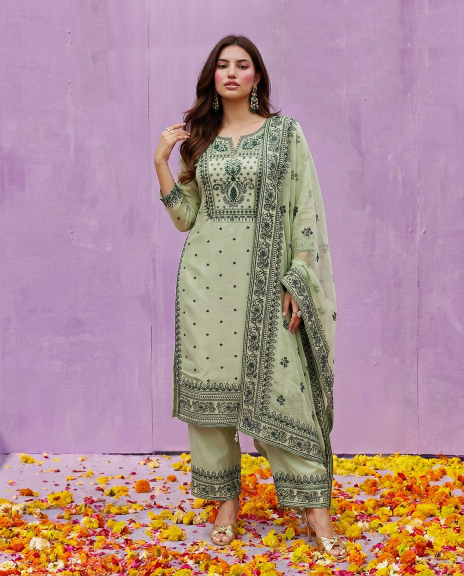 Pista Embroidered Silk Blended Kurta Bottom Dupatta Set
