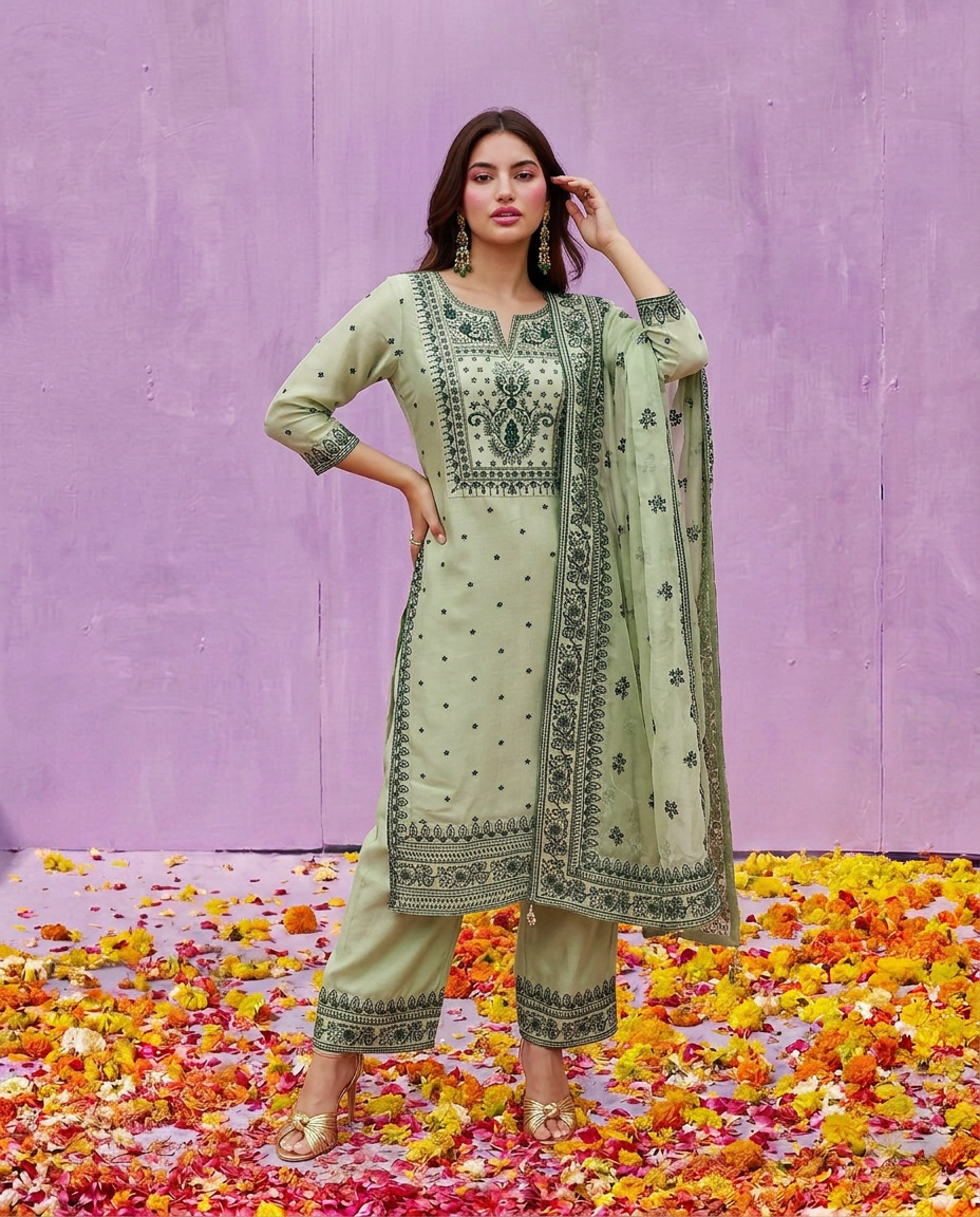 Pista Embroidered Silk Blended Kurta Bottom Dupatta Set