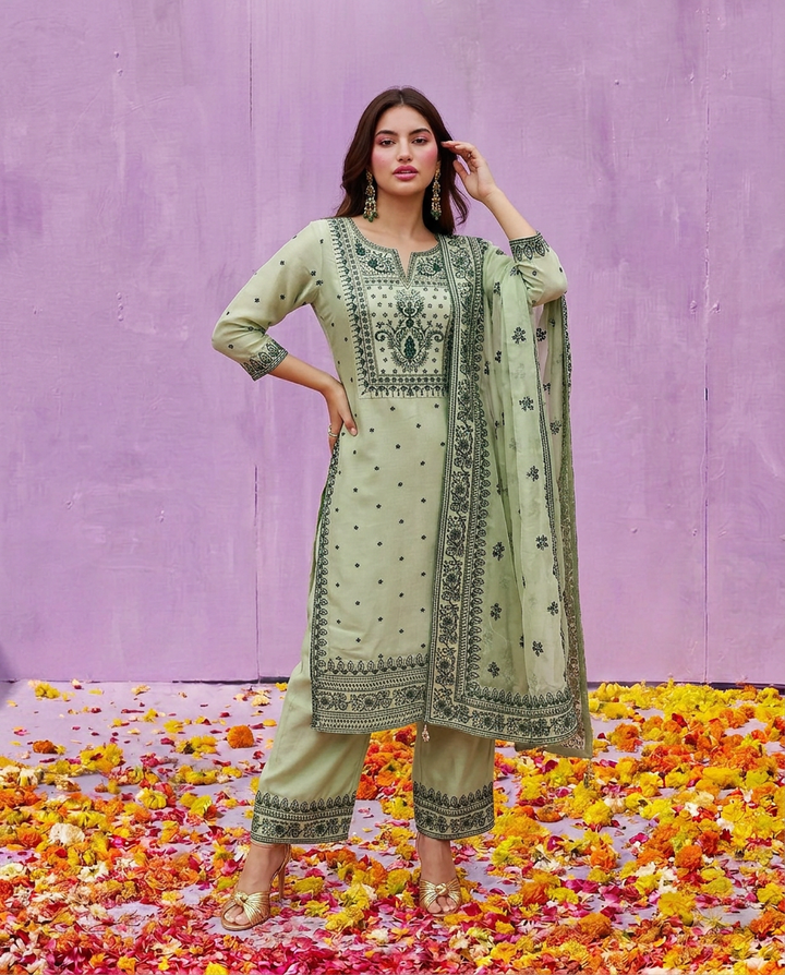 Pista Embroidered Silk Blended Kurta Bottom Dupatta Set
