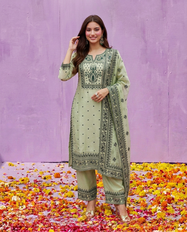 Pista Embroidered Silk Blended Kurta Bottom Dupatta Set