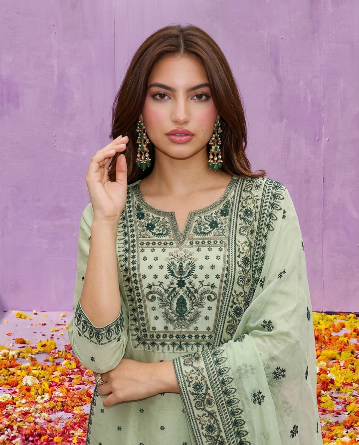 Pista Embroidered Silk Blended Kurta Bottom Dupatta Set