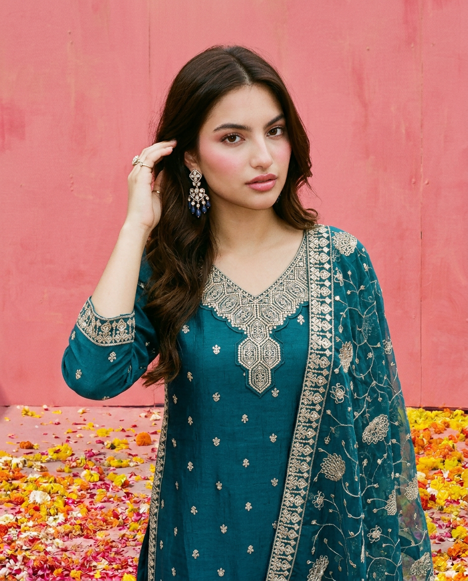Teal Blue Blended Viscose Kurta Bottom Dupatta Set