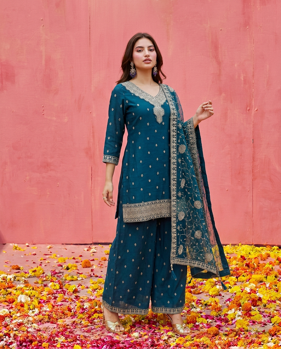 Teal Blue Blended Viscose Kurta Bottom Dupatta Set