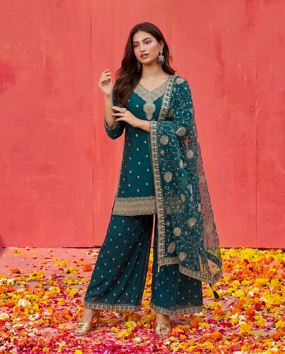 Teal Blue Blended Viscose Kurta Bottom Dupatta Set