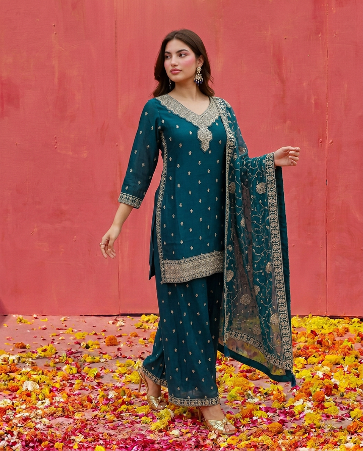 Teal Blue Blended Viscose Kurta Bottom Dupatta Set