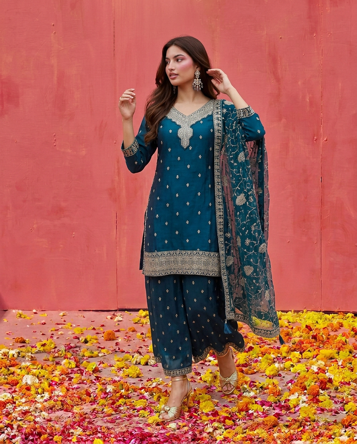 Teal Blue Blended Viscose Kurta Bottom Dupatta Set
