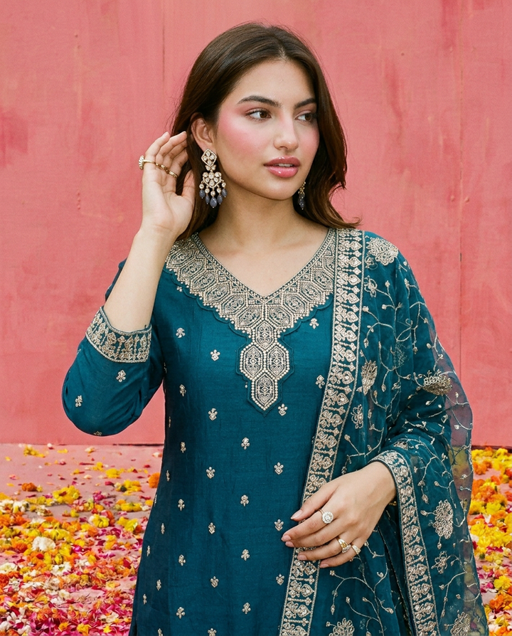 Teal Blue Blended Viscose Kurta Bottom Dupatta Set