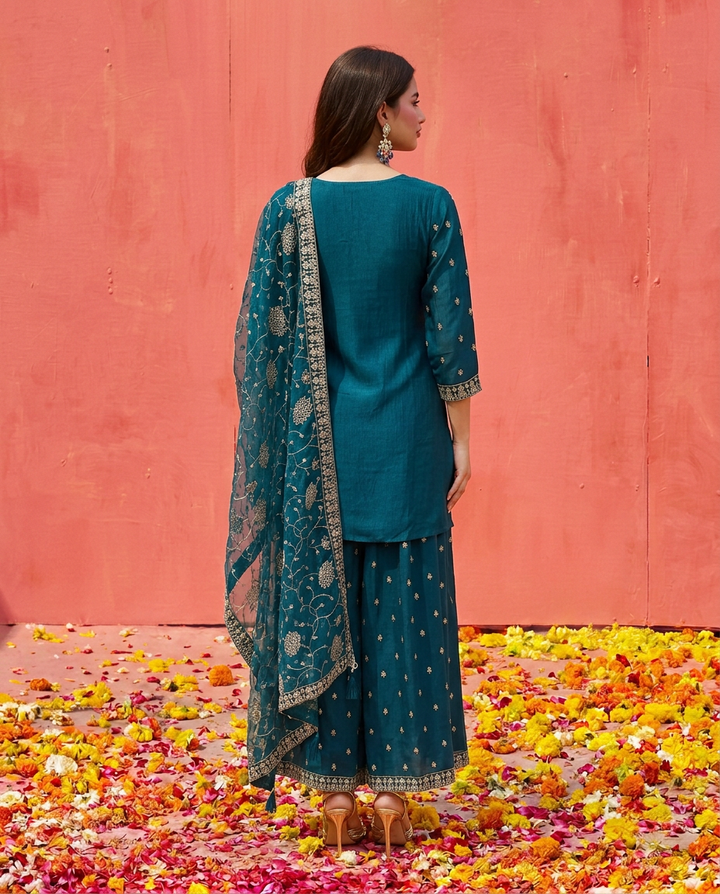 Teal Blue Blended Viscose Kurta Bottom Dupatta Set