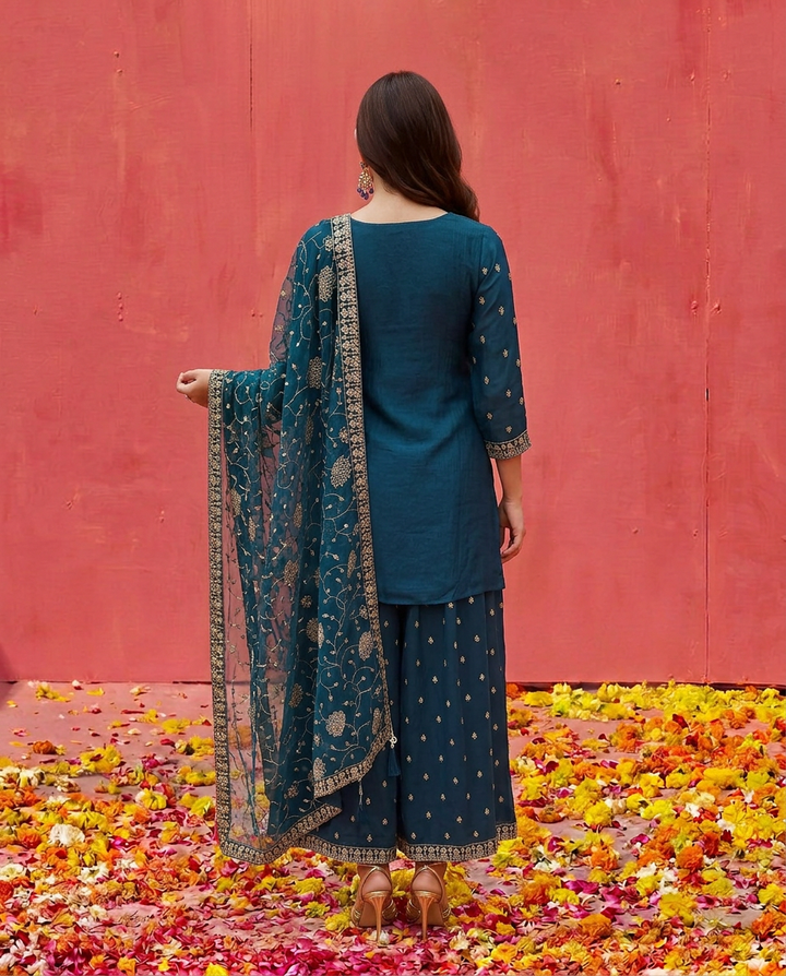 Teal Blue Blended Viscose Kurta Bottom Dupatta Set