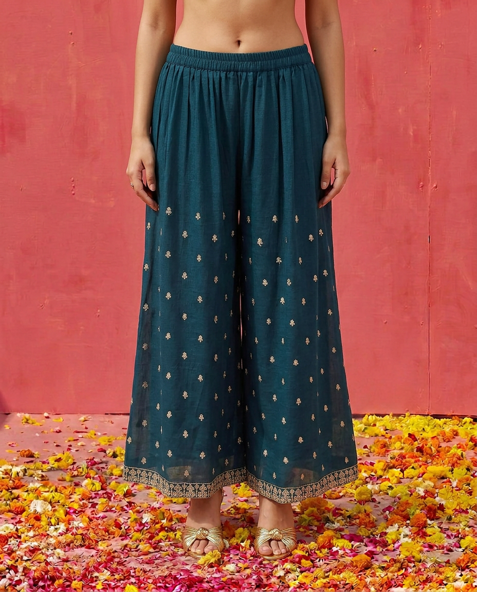Teal Blue Blended Viscose Kurta Bottom Dupatta Set