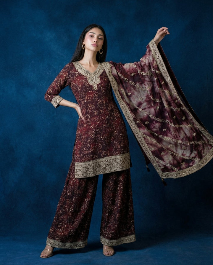 Printed Wine Embroidered Silk Blended 3/4 Sleeves Kurta Bottom Dupatta Set
