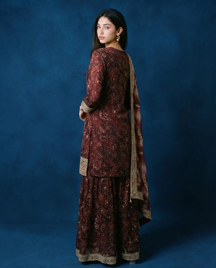 Printed Wine Embroidered Silk Blended 3/4 Sleeves Kurta Bottom Dupatta Set