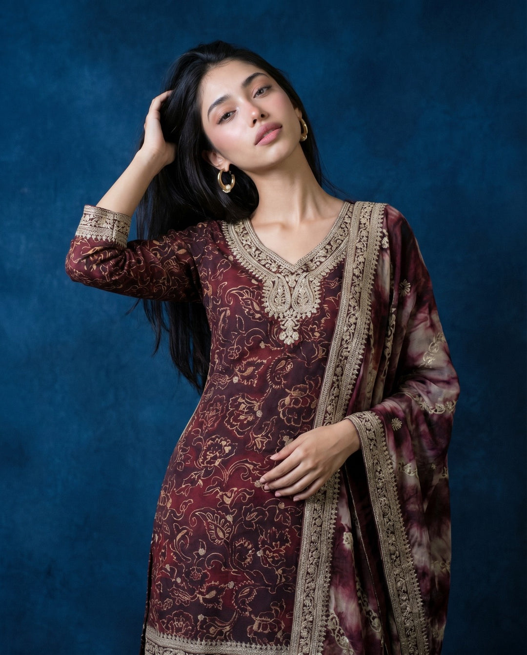 Printed Wine Embroidered Silk Blended 3/4 Sleeves Kurta Bottom Dupatta Set