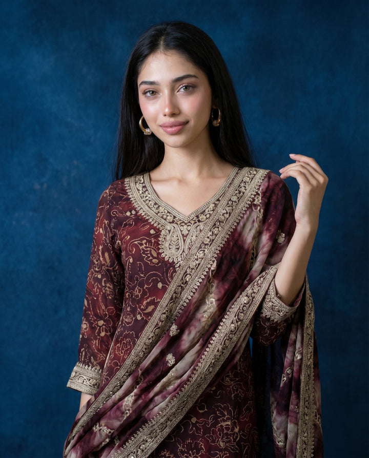 Printed Wine Embroidered Silk Blended 3/4 Sleeves Kurta Bottom Dupatta Set