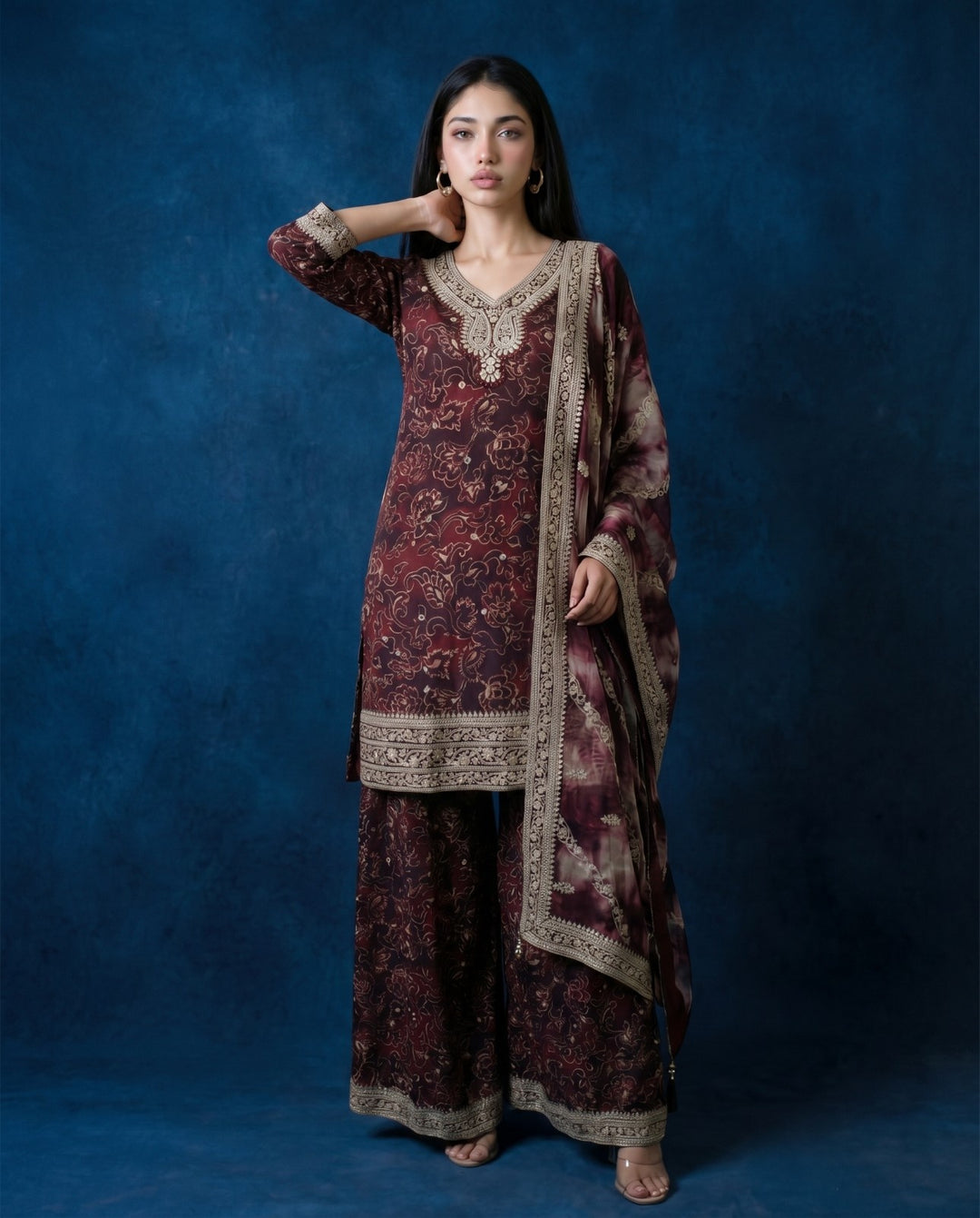 Printed Wine Embroidered Silk Blended 3/4 Sleeves Kurta Bottom Dupatta Set