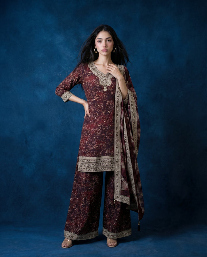 Printed Wine Embroidered Silk Blended 3/4 Sleeves Kurta Bottom Dupatta Set