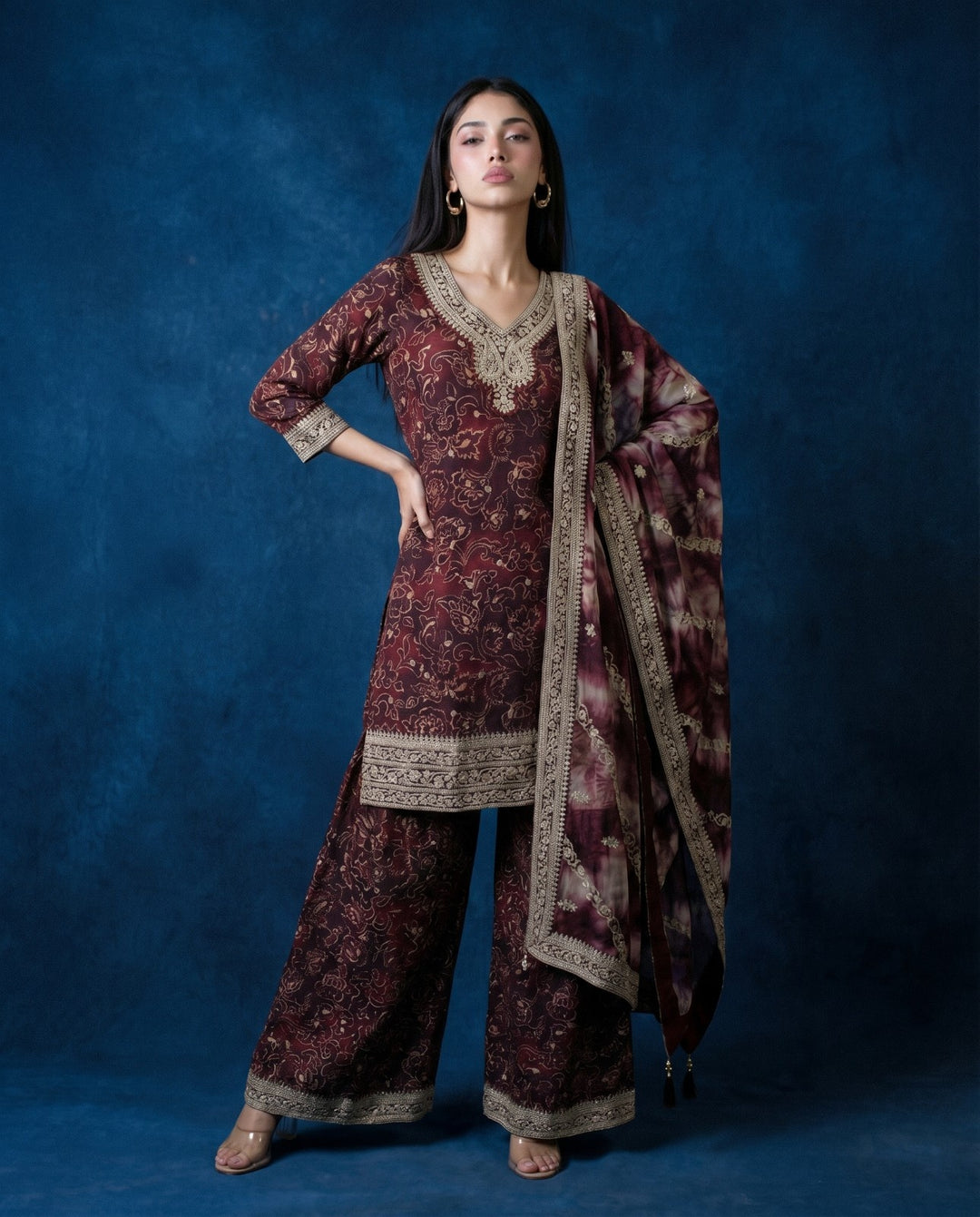 Printed Wine Embroidered Silk Blended 3/4 Sleeves Kurta Bottom Dupatta Set