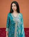 Printed Teal Embroidered Silk Blended 3/4 Sleeves Kurta Bottom Dupatta Set