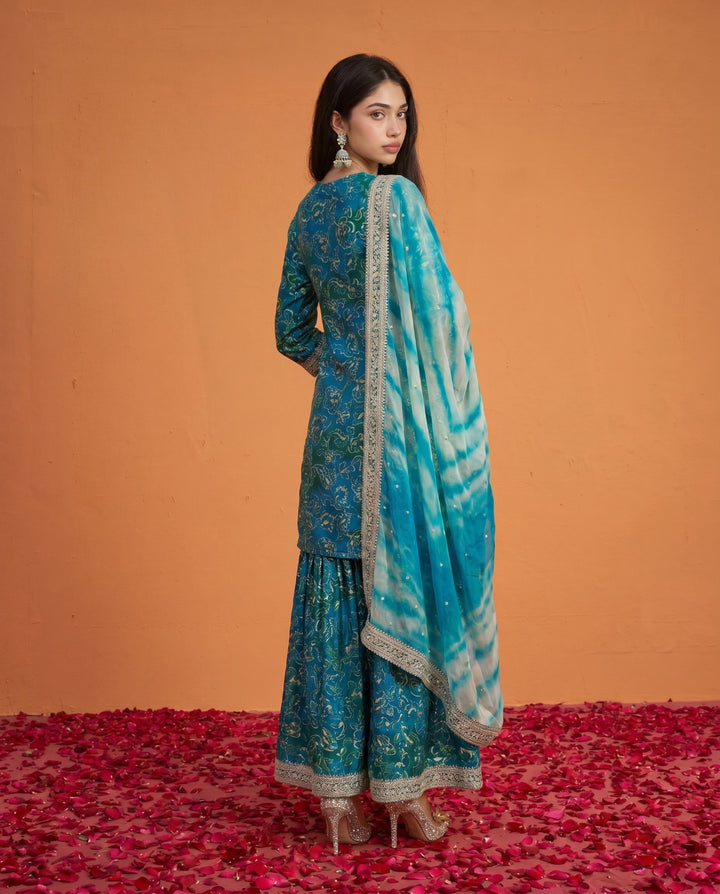 Printed Teal Embroidered Silk Blended 3/4 Sleeves Kurta Bottom Dupatta Set