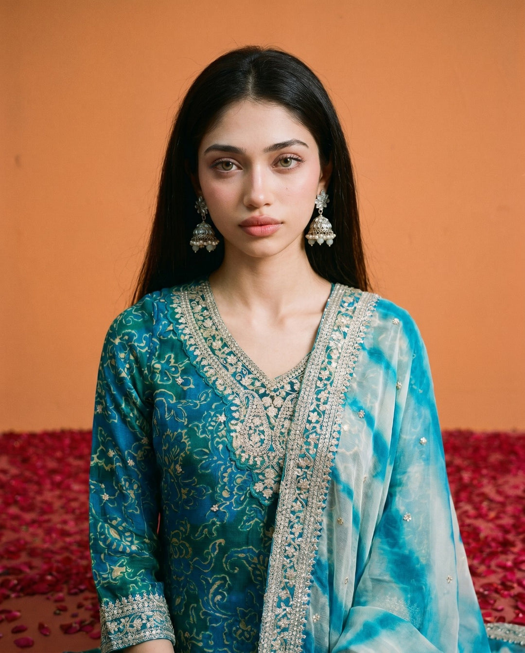 Printed Teal Embroidered Silk Blended 3/4 Sleeves Kurta Bottom Dupatta Set