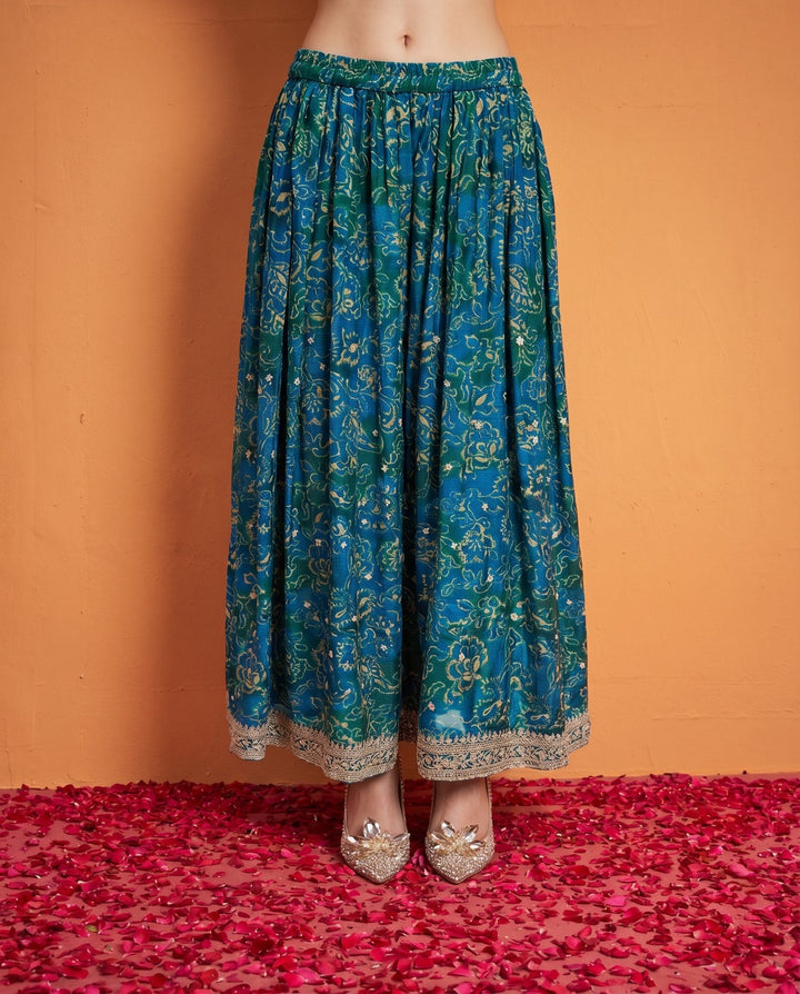 Printed Teal Embroidered Silk Blended 3/4 Sleeves Kurta Bottom Dupatta Set