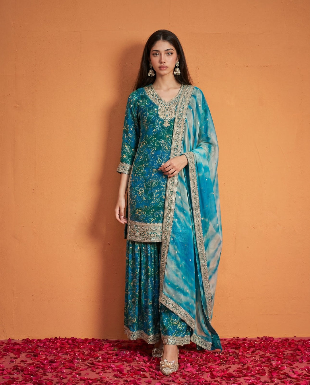Printed Teal Embroidered Silk Blended 3/4 Sleeves Kurta Bottom Dupatta Set