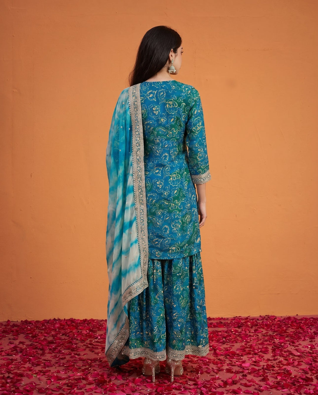 Printed Teal Embroidered Silk Blended 3/4 Sleeves Kurta Bottom Dupatta Set