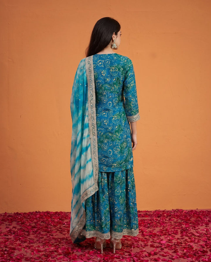 Printed Teal Embroidered Silk Blended 3/4 Sleeves Kurta Bottom Dupatta Set