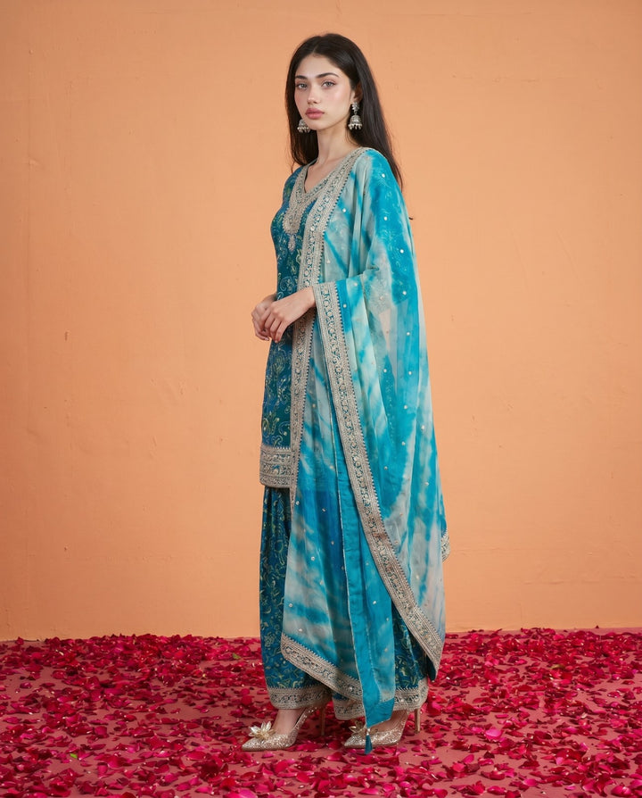 Printed Teal Embroidered Silk Blended 3/4 Sleeves Kurta Bottom Dupatta Set