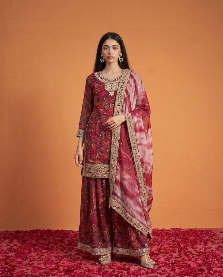 Printed Magenta Embroidered Silk Blended 3/4 Sleeves Kurta Bottom Dupatta Set