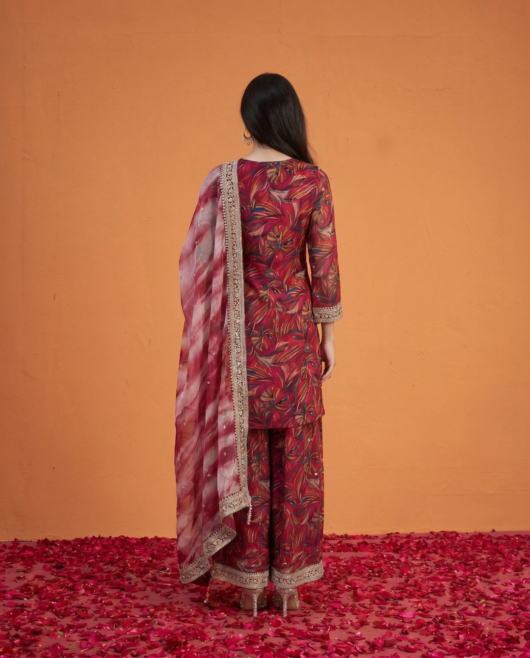 Printed Magenta Embroidered Silk Blended 3/4 Sleeves Kurta Bottom Dupatta Set
