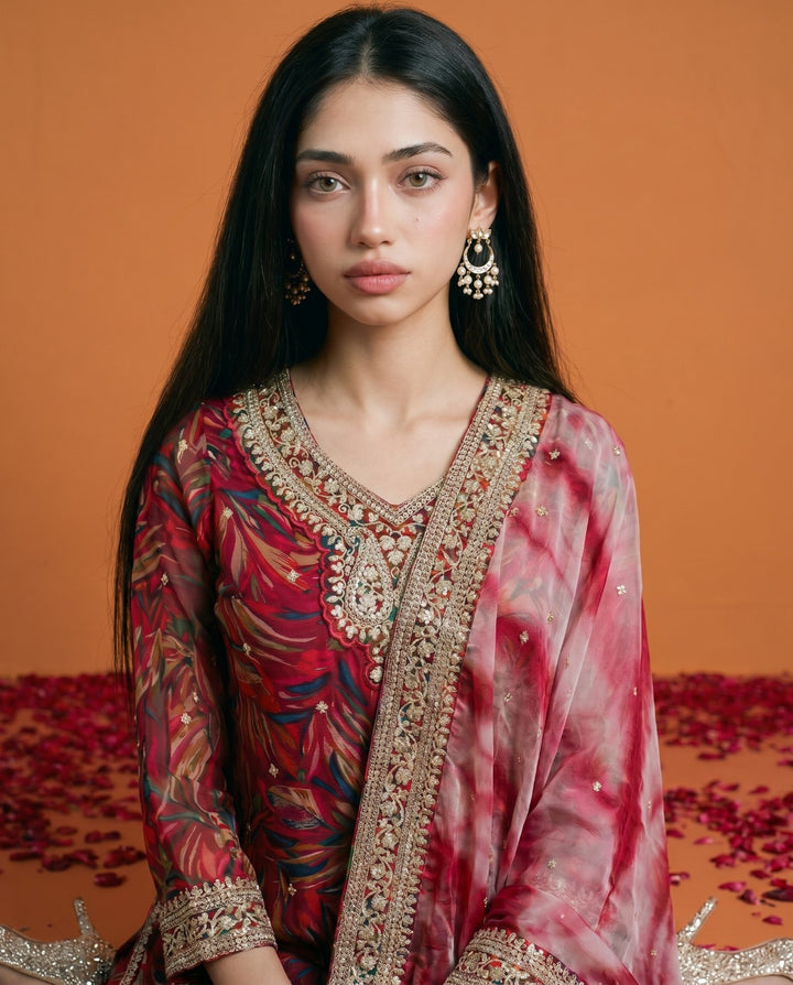 Printed Magenta Embroidered Silk Blended 3/4 Sleeves Kurta Bottom Dupatta Set