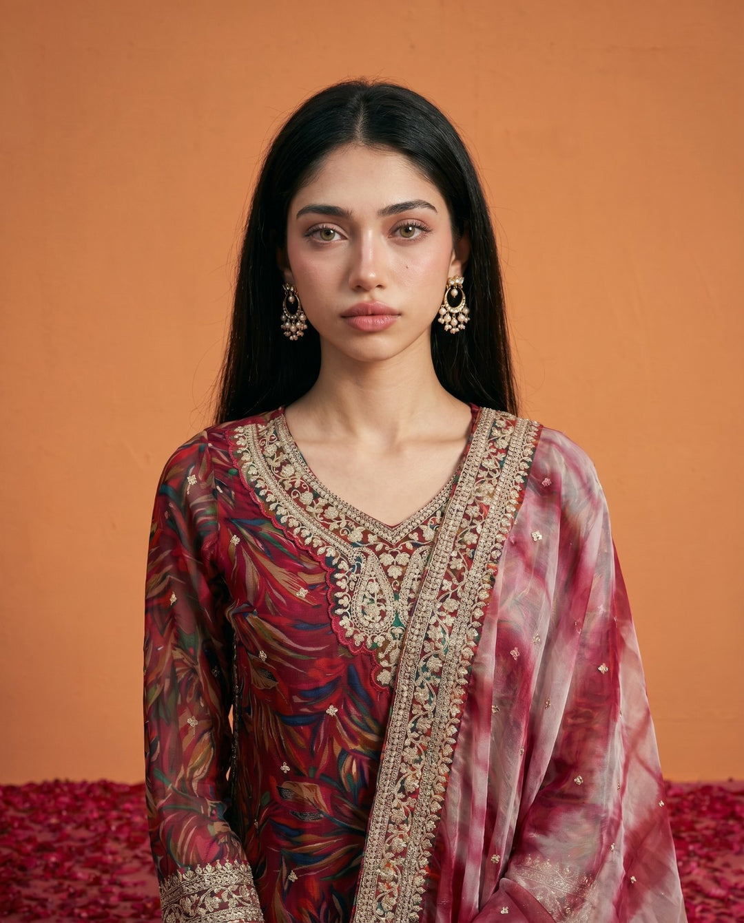 Printed Magenta Embroidered Silk Blended 3/4 Sleeves Kurta Bottom Dupatta Set