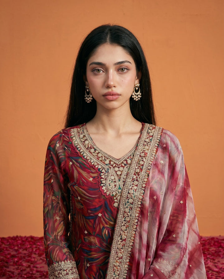 Printed Magenta Embroidered Silk Blended 3/4 Sleeves Kurta Bottom Dupatta Set