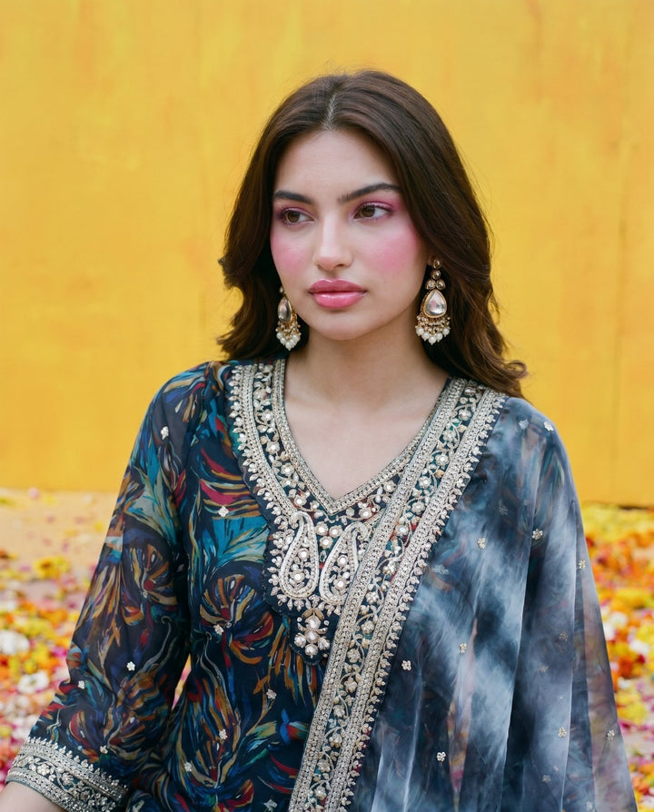 Multi Colour Printed Embroidered Silk Blended 3/4 Sleeves Kurta Bottom Dupatta Set