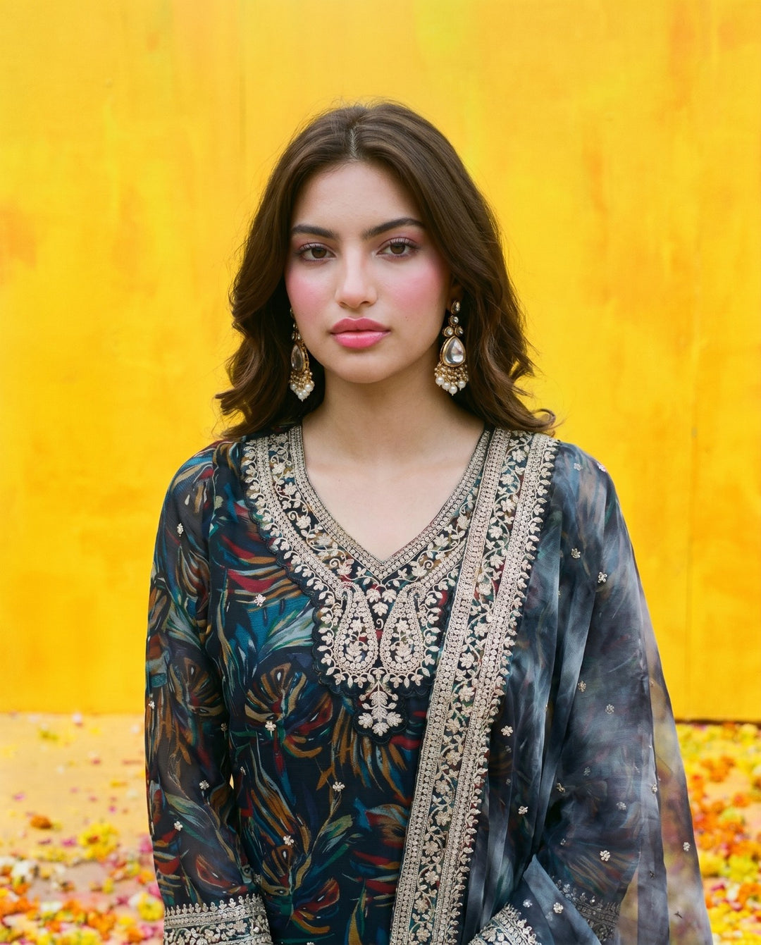Multi Colour Printed Embroidered Silk Blended 3/4 Sleeves Kurta Bottom Dupatta Set