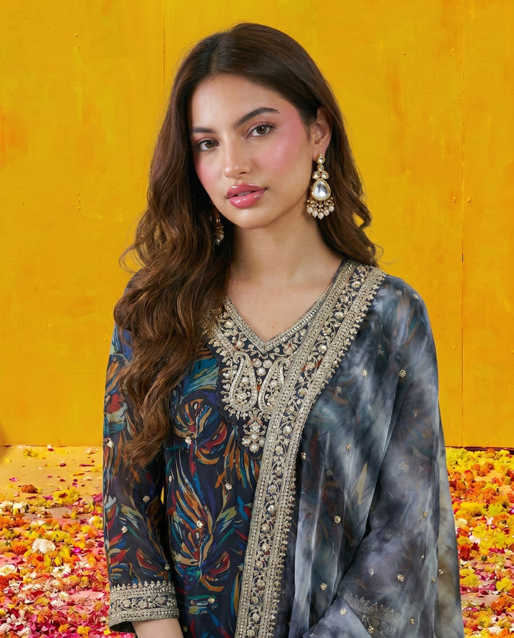 Multi Colour Printed Embroidered Silk Blended 3/4 Sleeves Kurta Bottom Dupatta Set