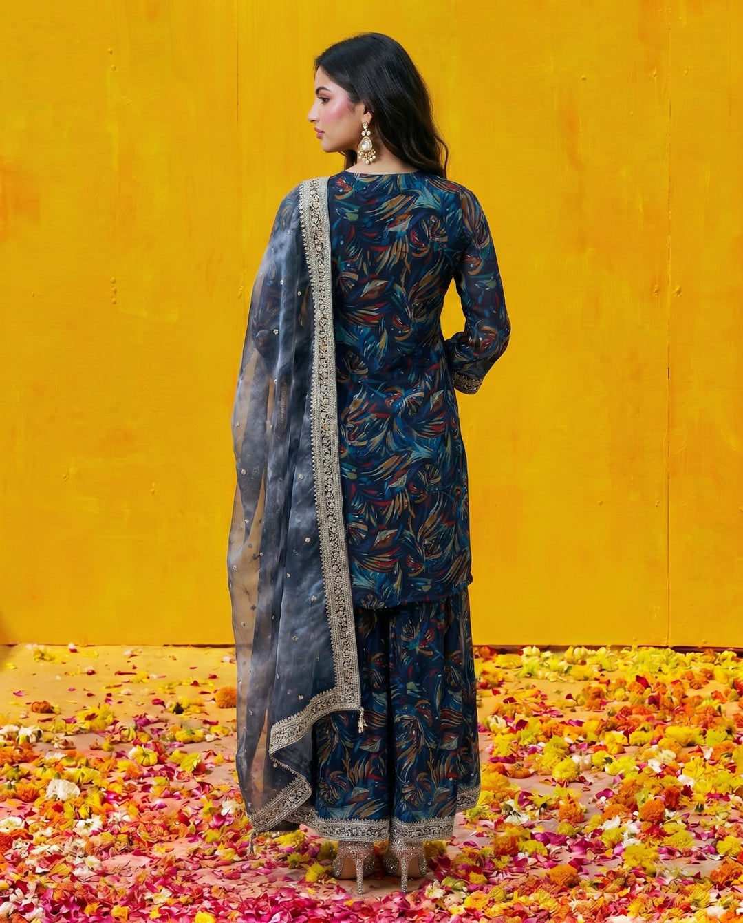 Multi Colour Printed Embroidered Silk Blended 3/4 Sleeves Kurta Bottom Dupatta Set
