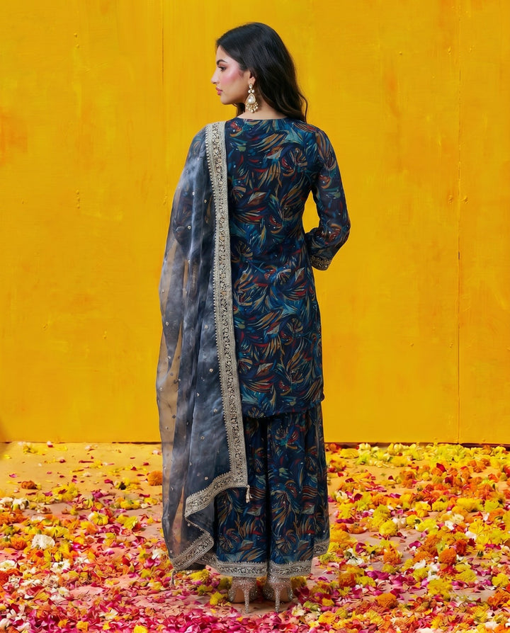 Multi Colour Printed Embroidered Silk Blended 3/4 Sleeves Kurta Bottom Dupatta Set