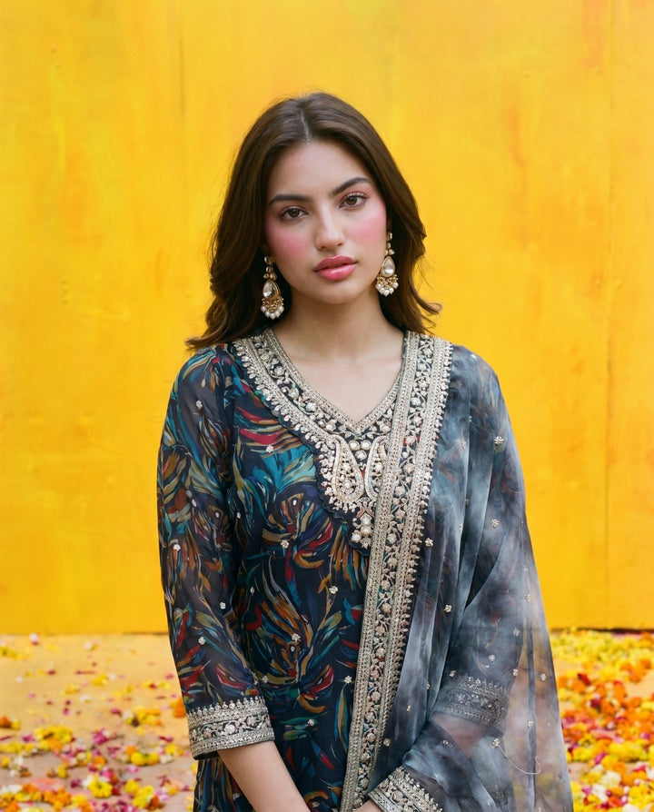 Multi Colour Printed Embroidered Silk Blended 3/4 Sleeves Kurta Bottom Dupatta Set