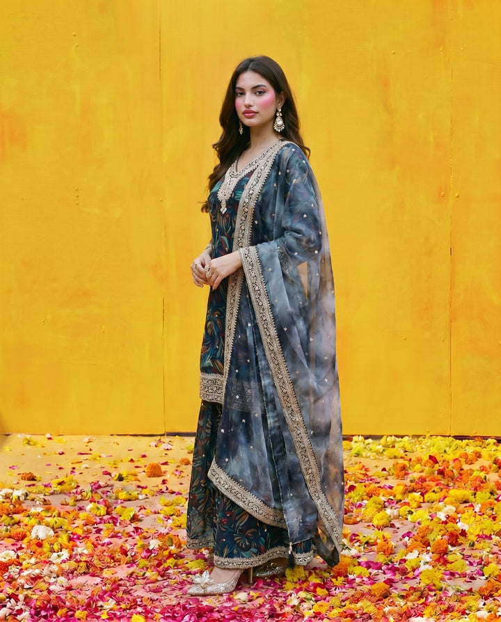 Multi Colour Printed Embroidered Silk Blended 3/4 Sleeves Kurta Bottom Dupatta Set