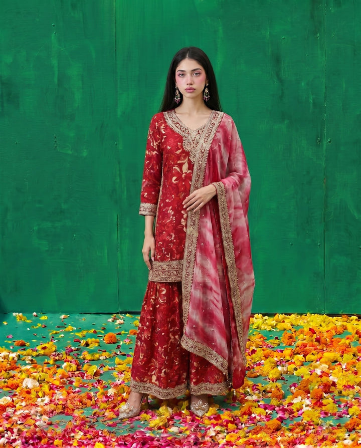 Pink Printed Embroidered Silk Blended 3/4 Sleeves Kurta Bottom Dupatta Set