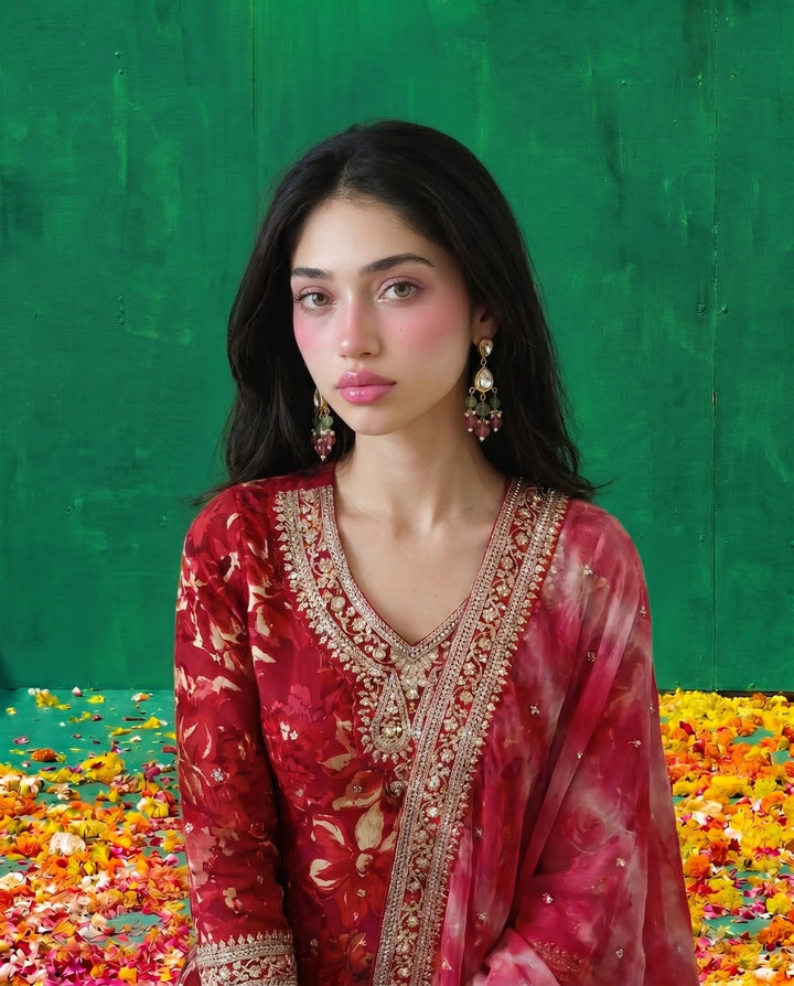 Pink Printed Embroidered Silk Blended 3/4 Sleeves Kurta Bottom Dupatta Set