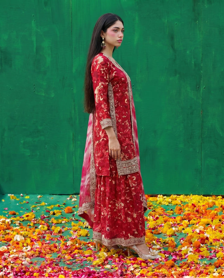 Pink Printed Embroidered Silk Blended 3/4 Sleeves Kurta Bottom Dupatta Set