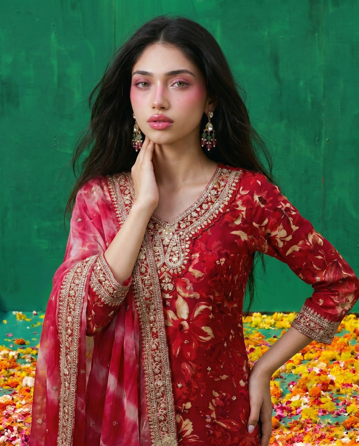 Pink Printed Embroidered Silk Blended 3/4 Sleeves Kurta Bottom Dupatta Set
