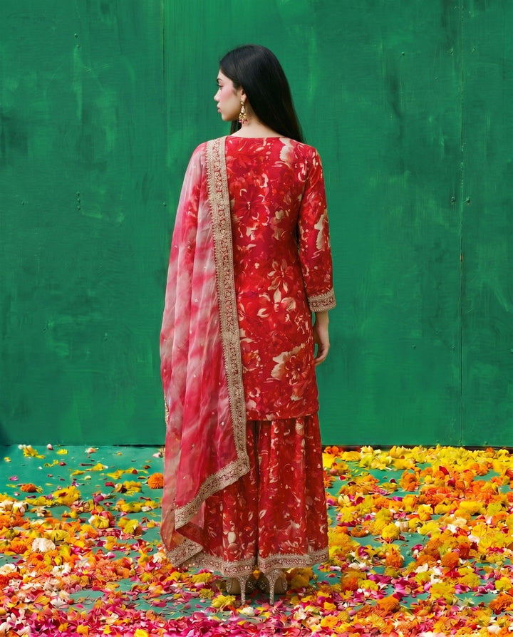 Pink Printed Embroidered Silk Blended 3/4 Sleeves Kurta Bottom Dupatta Set
