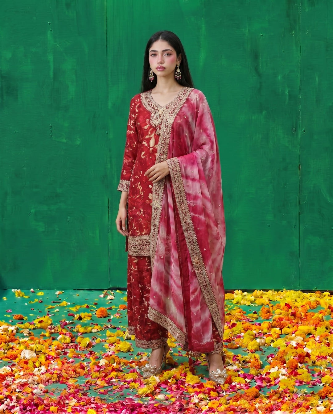 Pink Printed Embroidered Silk Blended 3/4 Sleeves Kurta Bottom Dupatta Set