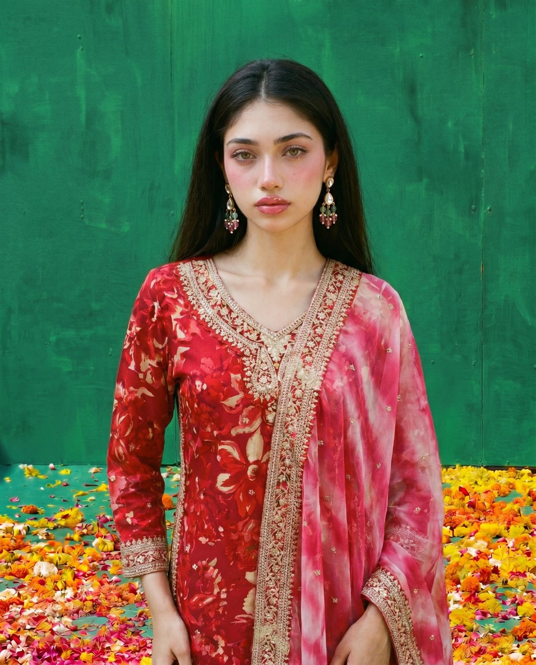 Pink Printed Embroidered Silk Blended 3/4 Sleeves Kurta Bottom Dupatta Set