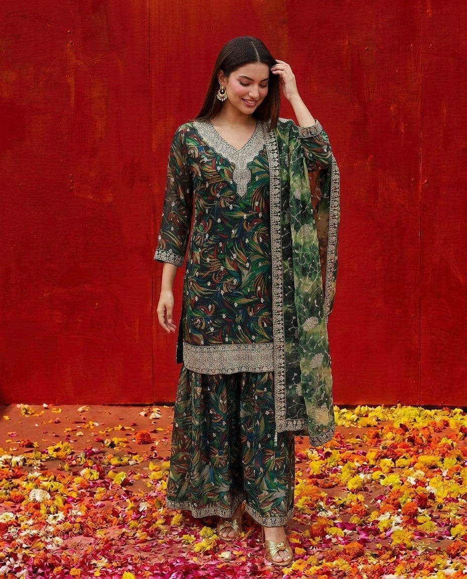 Green Printed Embroidered Silk Blended 3/4 Sleeves Kurta Bottom Dupatta Set